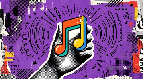 A hand holding a colorful musical note against a vibrant, abstract background with sound wave patterns and various graphic elements