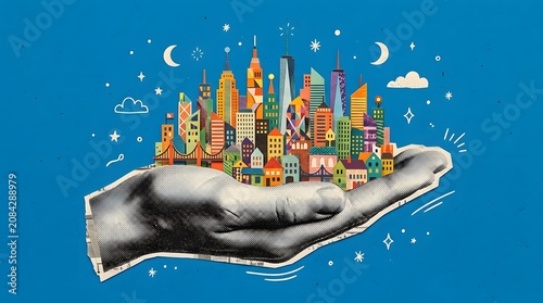 A hand holding a vibrant cityscape under a starry night sky. The buildings are colorful and diverse, representing a bustling urban environment, symbolizing growth and opportunity
