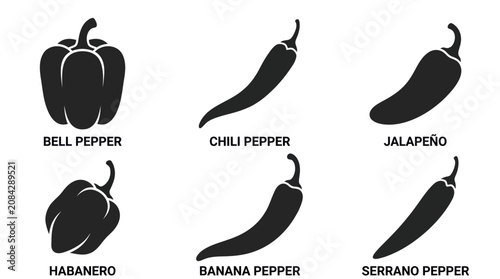 Flat vector icon set featuring six pepper varieties: Bell pepper, Chili pepper, Jalapeño, Habanero, Banana pepper, Serrano pepper