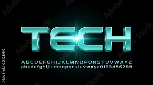 Metallic cyan tech font with 3d glossy letters and numbers for futuristic design projects on a dark background