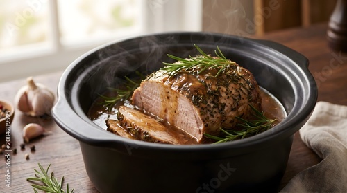 Juicy slow cooker pot roast with gravy and fresh rosemary in a black ceramic pot rustic kitchen concept