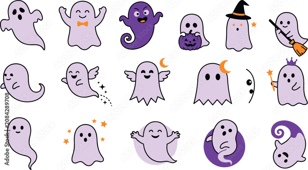 Fototapeta premium Minimalist Halloween ghost icon set featuring cute spooky spirit characters for holiday decorations seasonal branding and festive design