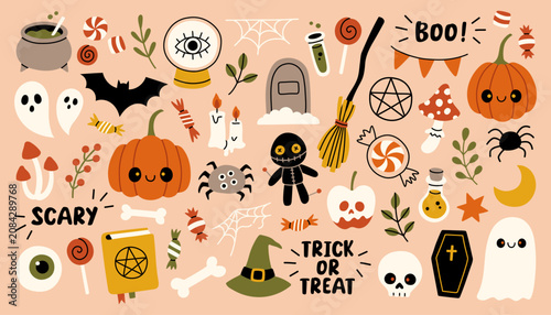 A large collection of cute Halloween icons and stickers featuring spooky ghosts, pumpkins, bats, candy, potions, and a witch hat in a trendy boho color palette. Flat vector illustration
