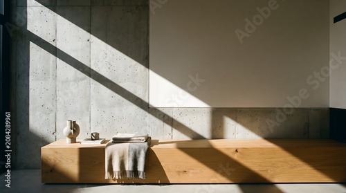 Minimalist interior with wooden bench under dramatic sunlight shadow on concrete wall Japandi concept
