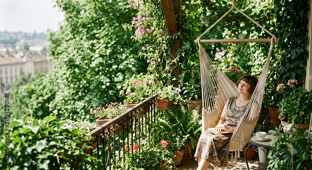 Fototapeta premium Woman relaxing with book in balcony swing among plants