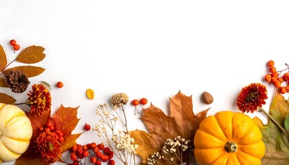 Autumn harvest border with mini pumpkins, colorful maple leaves, berries, and flowers on a white background, festive seasonal decoration elements