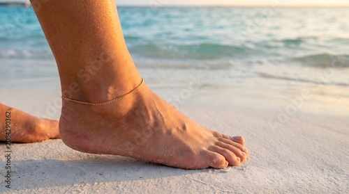 Close up of woman bare foot with anklet walking on sandy beach travel and wellness concept
