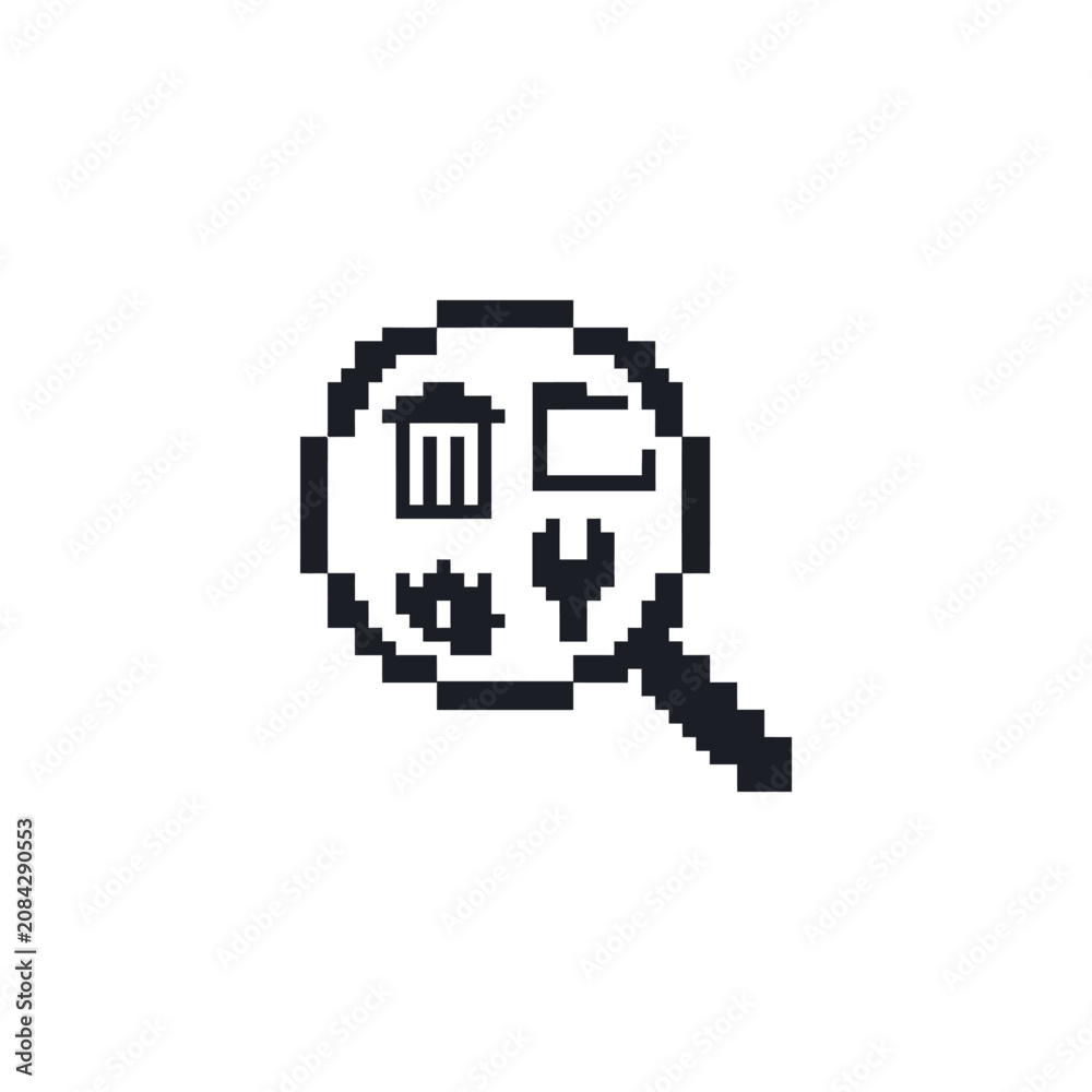 Fototapeta premium A pixel art magnifying glass icon featuring various digital maintenance symbols inside