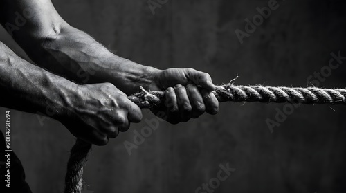 Close up of strong muscular hands pulling a thick rope dramatic black and white conceptual image