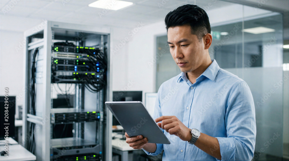 Fototapeta premium Focused IT engineer using digital tablet to monitor server rack hardware in a modern data center