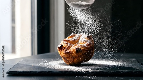 Dusting powdered sugar over freshly baked pastry on slate board moody food photography