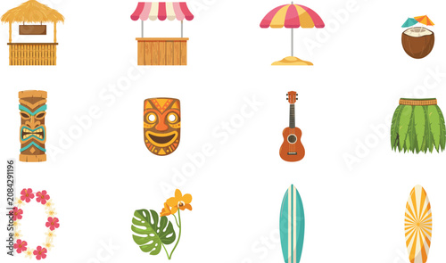 Schilderij op canvas Tropical Hawaii Summer Party Icon Set with Tiki Masks, Surfboards, Hula Skirt, U