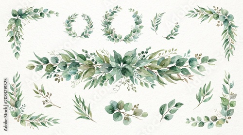 Watercolor banner with green eucalyptus leaves and branches. Greenery clipart for wedding invitation, greeting cards, save the date, stationery design. Hand drawn illustration.