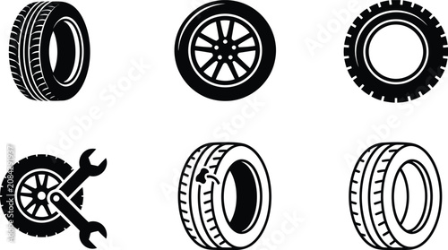 Automotive tire icons repair service change wheel road safety.