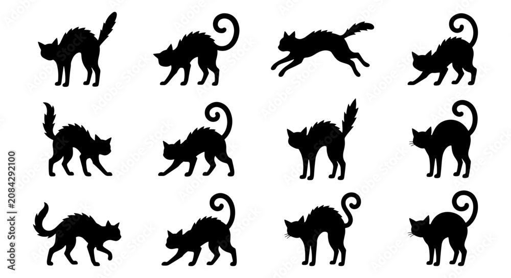 Fototapeta premium Black Cat Silhouettes Vector Set, Spooky Halloween Feline Poses, Mysterious Animal Icons for Design