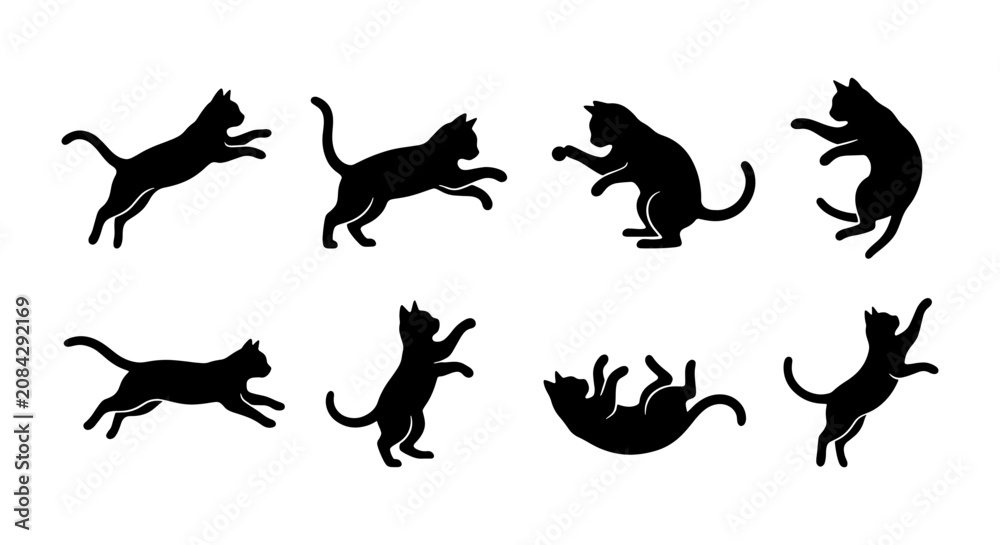 Obraz premium Dynamic Black Cat Silhouettes, Playful Feline Poses Vector Set, Agile Animal Actions Collection for Graphic Design