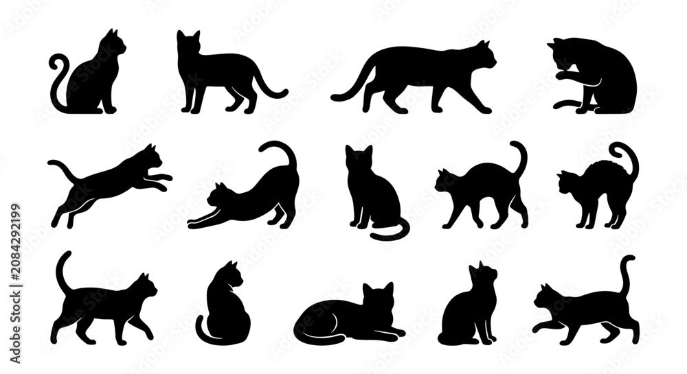 Obraz premium Vector Silhouettes of Domestic Cats in Various Poses, Black Feline Icons for Pet Design and Animal Graphics