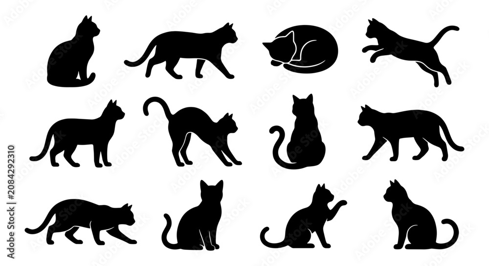 Obraz premium Diverse Cat Silhouettes Collection, Black Feline Poses Vector Art, Domestic Animal Icons for Pet Lovers and Veterinary Graphics