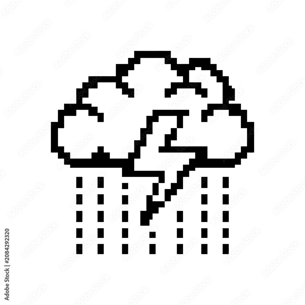 Fototapeta premium A simple pixel art icon showing a storm cloud with rain and lightning