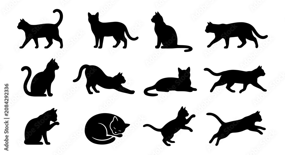 Obraz premium Diverse Cat Silhouettes Collection, Feline Poses Vector Pack, Black Animal Icons for Graphic Design, Pet Themed Art Elements