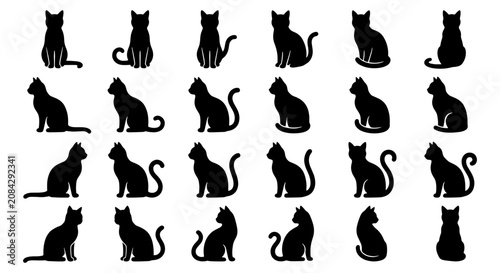 Black Cat Silhouettes Vector Collection, 25 Feline Poses, Sitting, Standing, Lounging, Elegant Animal Icons for Pet Lovers, Halloween Graphics
