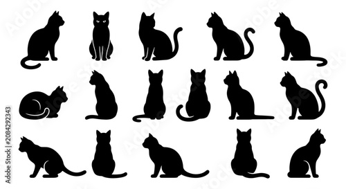 Black Cat Silhouettes Collection, Feline Poses Vector Set, Domestic Animals Graphic Elements, Pet Iconography for Design