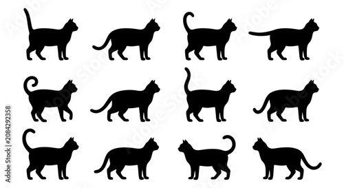 Black Cat Silhouettes Collection, Domestic Feline Poses Vector Set, Elegant Animal Icons for Design