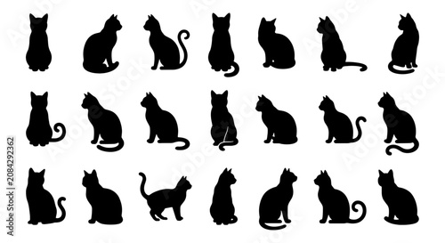 Black Cat Silhouettes Collection, Diverse Poses Vector Set, Elegant Feline Icons for Design Projects, Animal Graphics