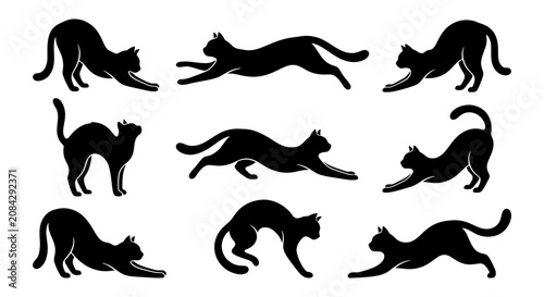 Black Cat Silhouettes Vector Set, Nine Feline Poses, Stretching and Running Animals, Elegant and Playful Domestic Pets, Simple Graphic Elements for Design