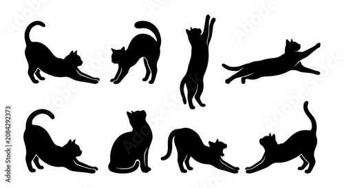 Black Cat Silhouettes Vector Pack, Feline Poses Collection, Playful and Stretching Kittens, Domestic Animal Graphics for Design