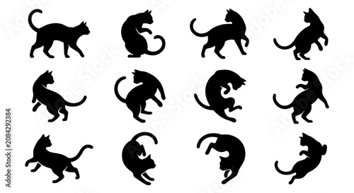 Dynamic Cat Silhouettes Collection, 12 Black Feline Poses Vector Set, Graceful Animal Movements for Design