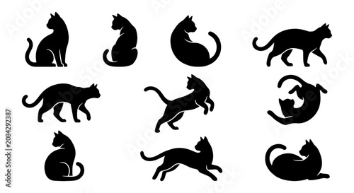 Black Cat Silhouettes Vector Set: Diverse Poses of Feline Companions, Elegant Domestic Animals for Graphic Design and Illustration
