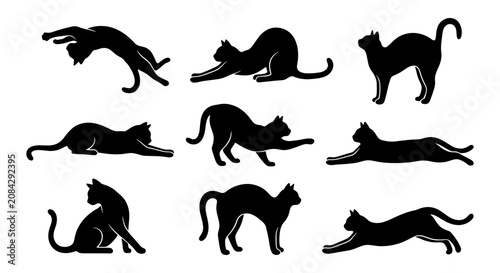 Black Cat Silhouettes Vector Set, Nine Feline Poses, Elegant Domestic Animals, Playful and Relaxed Poses, Simple Graphic Elements