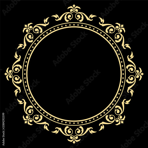 Luxury Golden Circular Frame with Vintage Baroque Ornament on Black Background