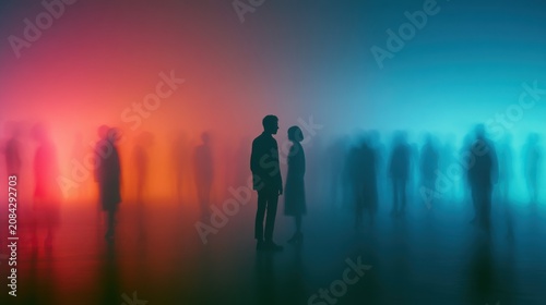 surreal long exposure photo of people standing in a hazy colorful party atmosphere