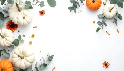 Autumnal arrangement of pumpkins, eucalyptus leaves, and small flowers on a white background, fall harvest border, festive seasonal decoration