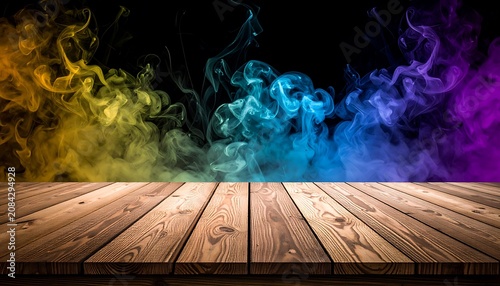Colorful ink clouds swirling and mixing in water against a dark background, with a wooden surface in the foreground, abstract background design