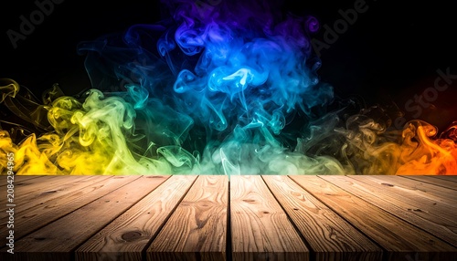 colorful smoke explosion erupting from wooden surface, abstract vibrant cloud mixture, dark background, dynamic motion