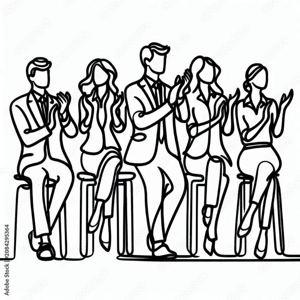 Obraz premium Continuous one line drawing of a group of business people sitting and applauding. Minimalist linear vector art concept of applause, success, audience ovation, and teamwork