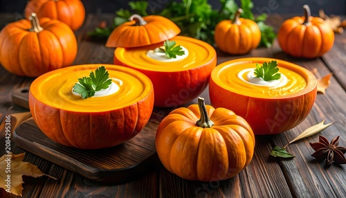 Creamy pumpkin soup served in hollowed pumpkins garnished with cream and parsley, autumn harvest theme, rustic wooden table setting