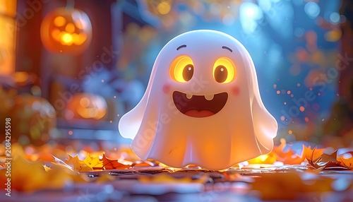 Cute smiling ghost with glowing eyes and pumpkins in a warm, cozy autumn setting, halloween character illustration