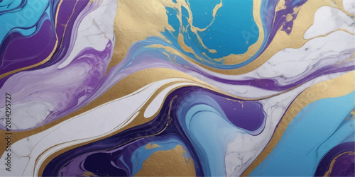 Tableau sur toile Abstract colorful watercolor background with flowing water waves, gold swirls an