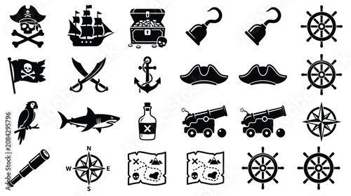 Photos Pirate adventure icon set featuring ships, treasure, skulls, flags, swords, anch