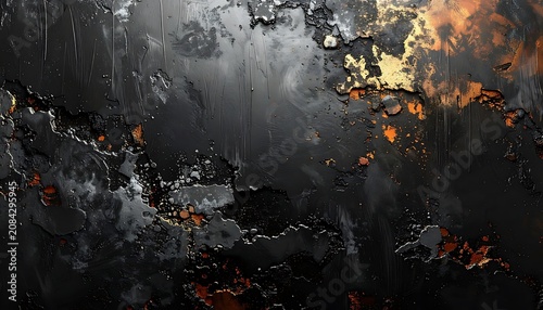 dark abstract texture with rust and peeling paint, gritty distressed surface with glowing embers, grunge background for design