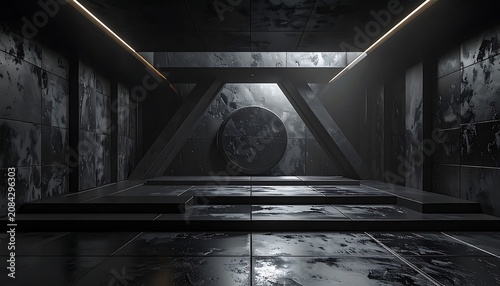 Dark futuristic corridor interior with textured walls, a central sphere, and dramatic lighting, ideal for sci-fi and technology concepts