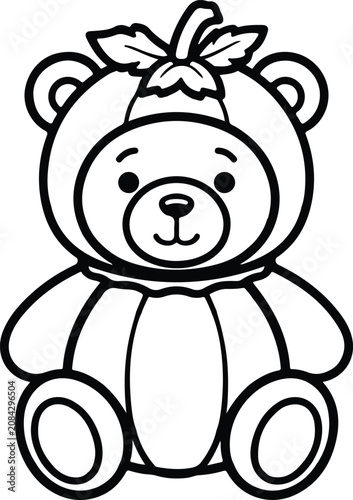 A charming outline illustration of a teddy bear dressed in a cute pumpkin costume, ready for Halloween fun.