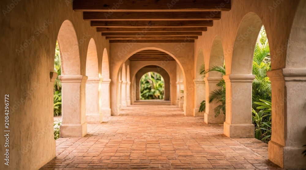 Fototapeta premium Serene Architectural Corridor with Arched Design and Natural Light