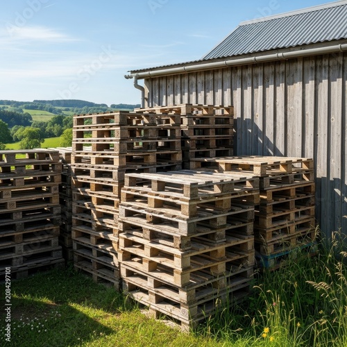 Wooden Pallets Stacked Creatively Near a Rustic Building Landscape