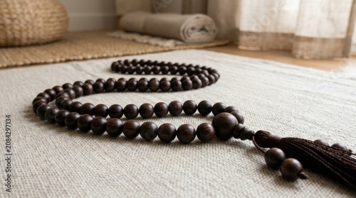 Wooden Prayer Beads on Neutral Textile with Natural Light Shining