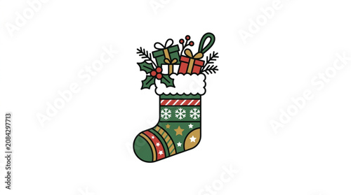 Christmas stocking filled with gifts and festive decorations.